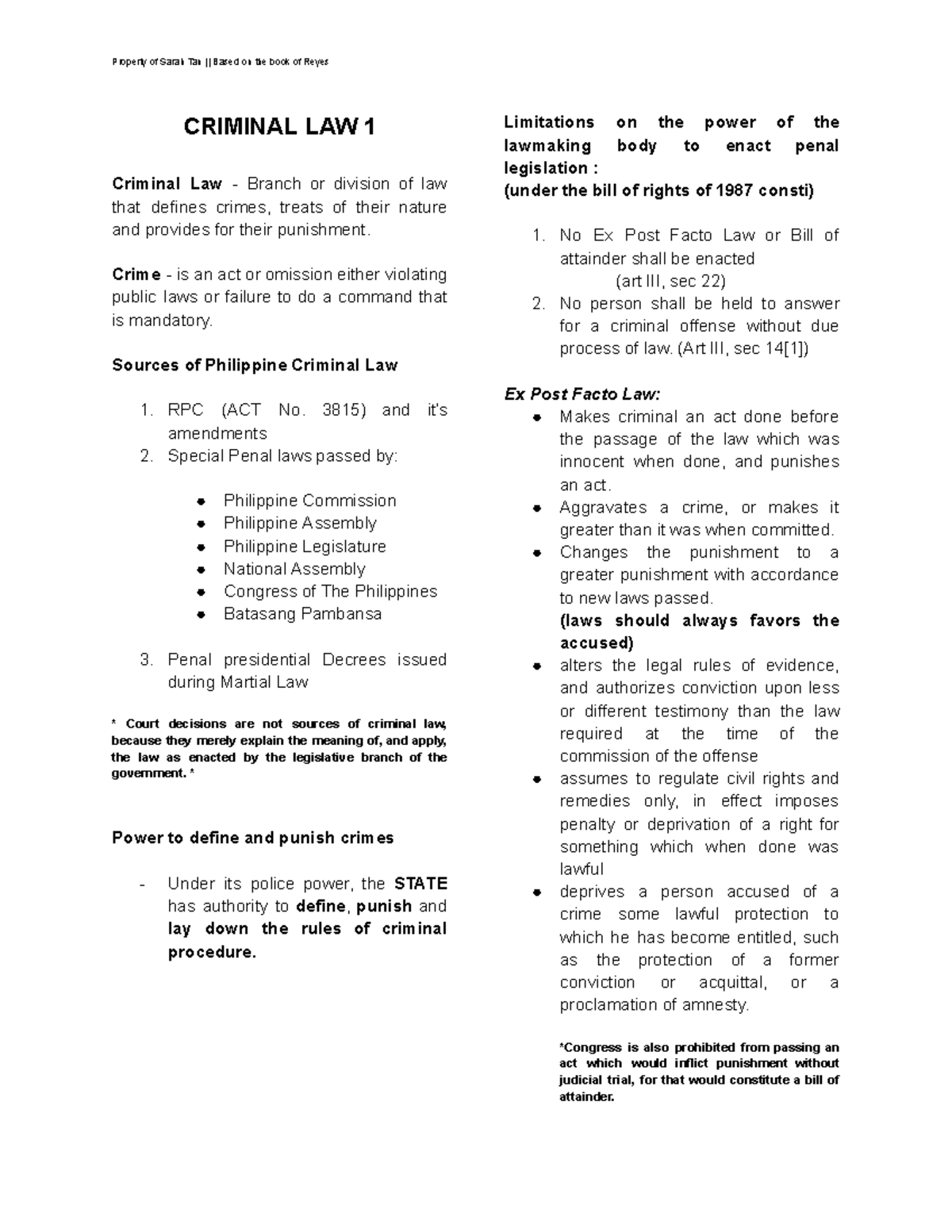 Crimlaw 1 Reyes Final Exam Review Notes on Criminal Law - Studocu