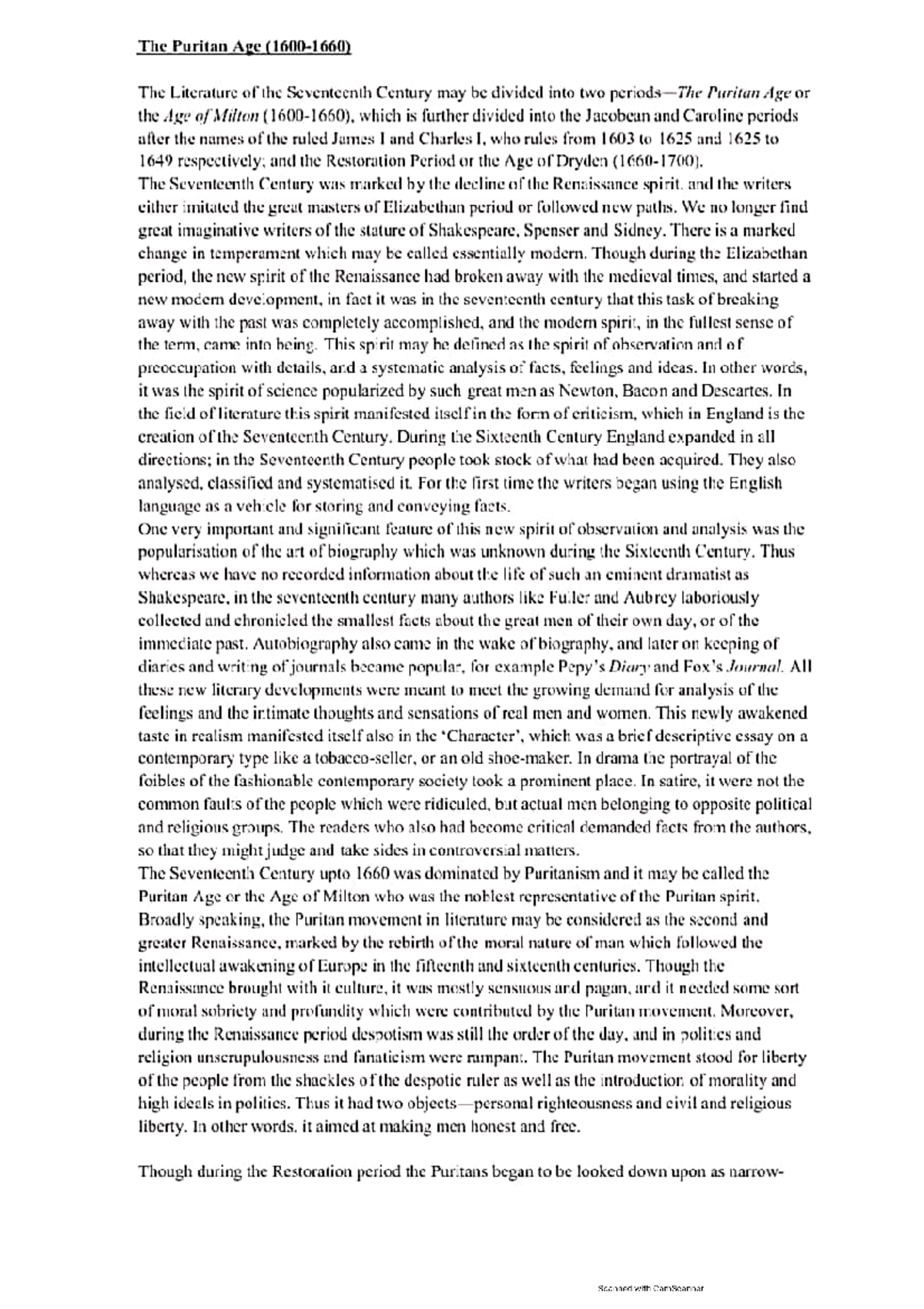 Puritan Age Lecture Notes - Study Aids for Class - Studocu