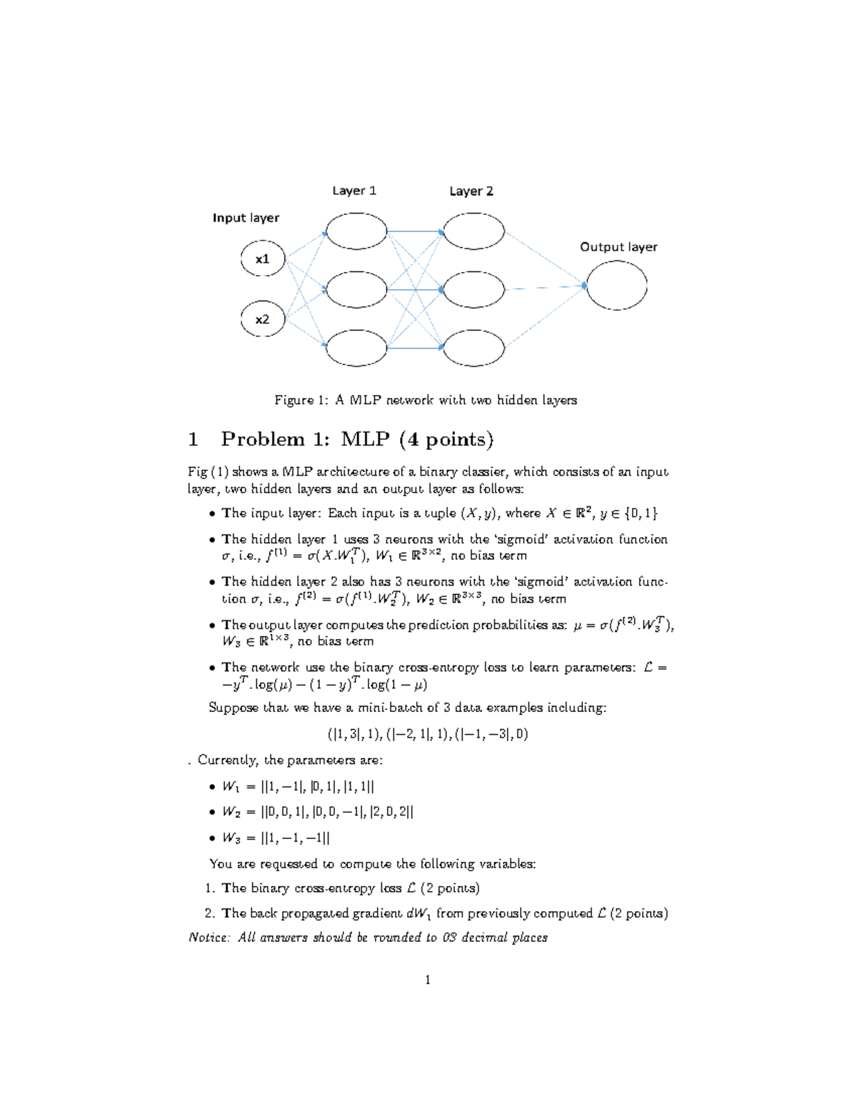 Mid-term Practical Problems 1hour - Figure 1: A MLP network with two ...