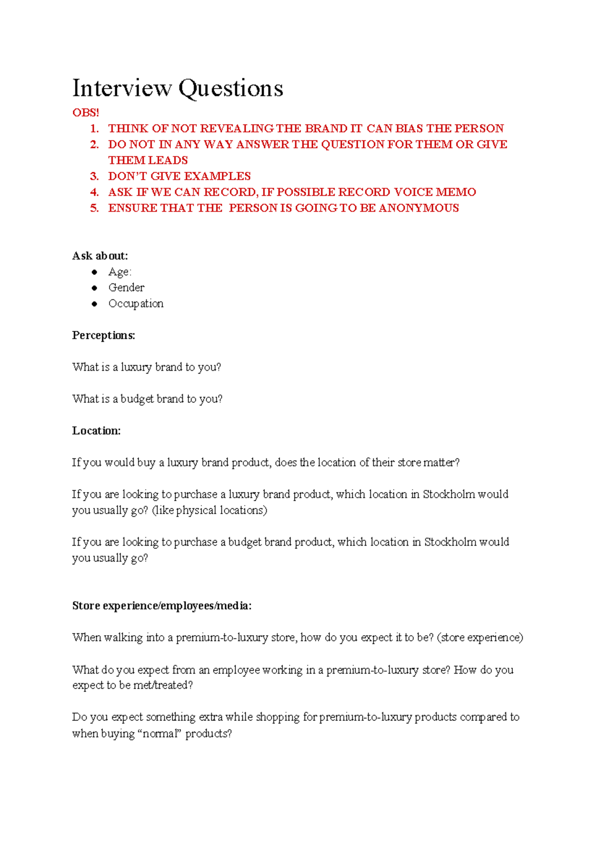 interview template - Interview Questions OBS! 1. THINK OF NOT REVEALING ...