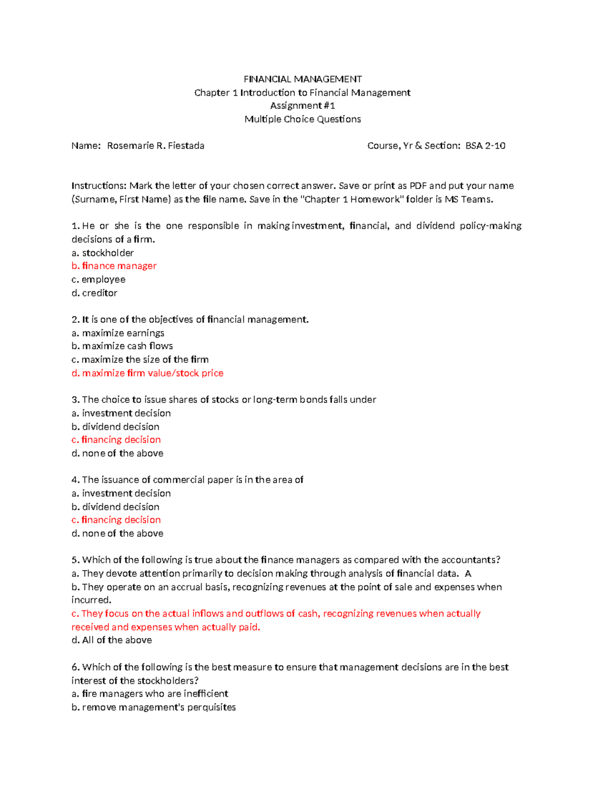 BSA 2-Financial Management Chapter 1 MCQ Study Guide - Studocu