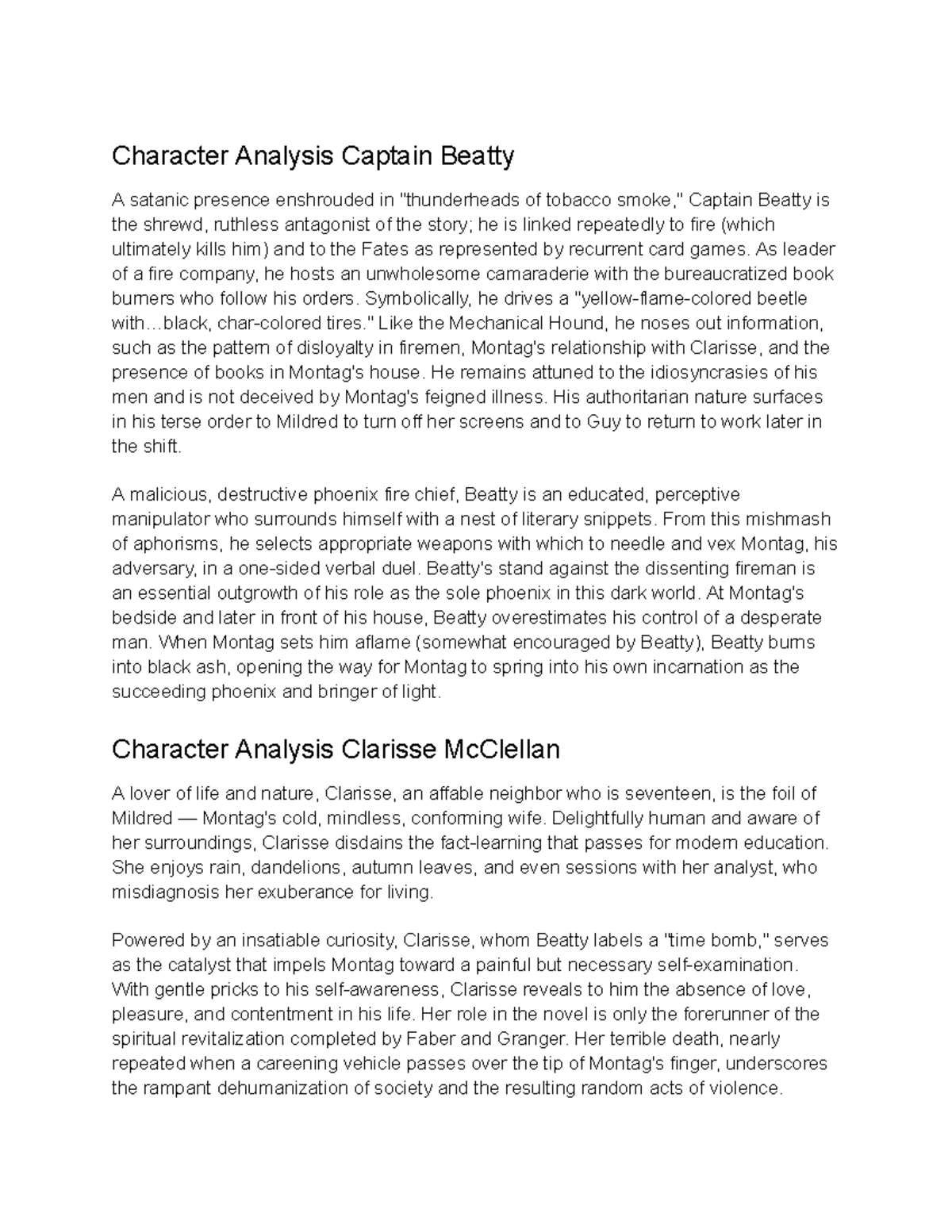 Character Analysis of Captain Beatty in Fahrenheit 451 - Studocu