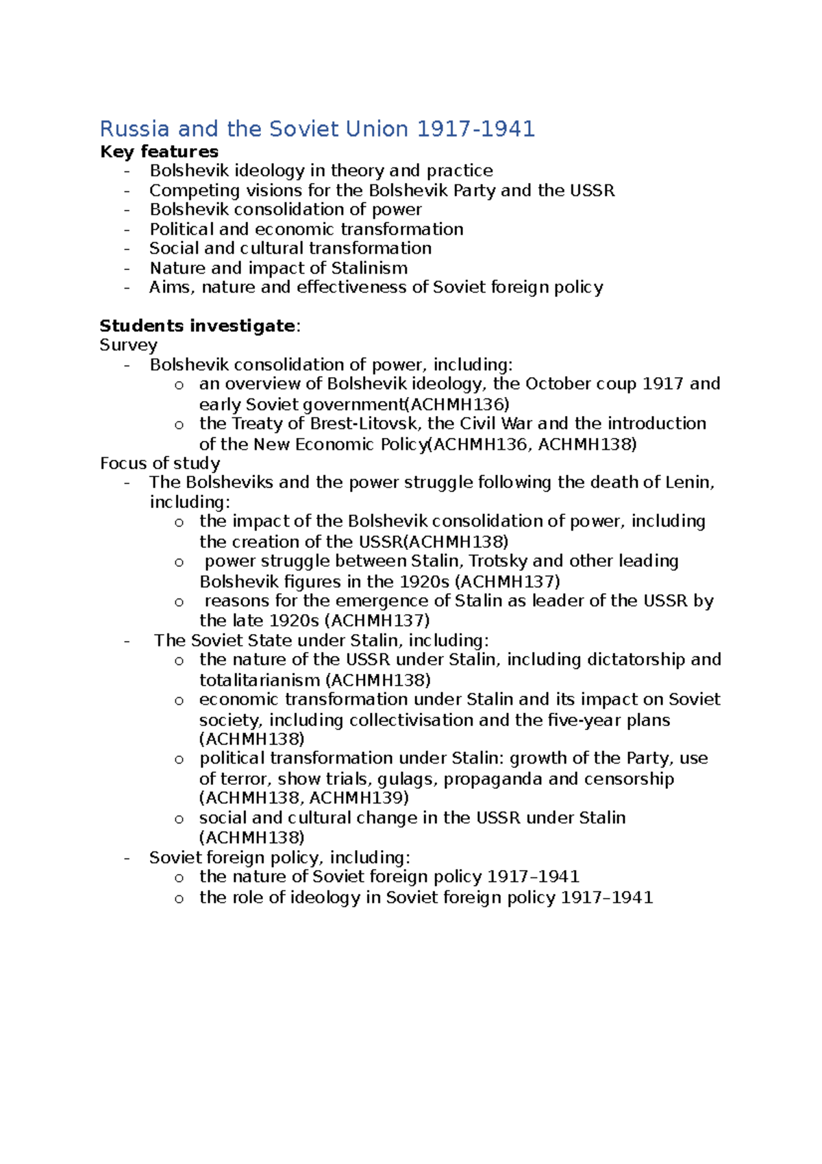 Modern Notes: Russia and the Soviet Union 1917–1941 (ACHMH136, ACHMH138 ...