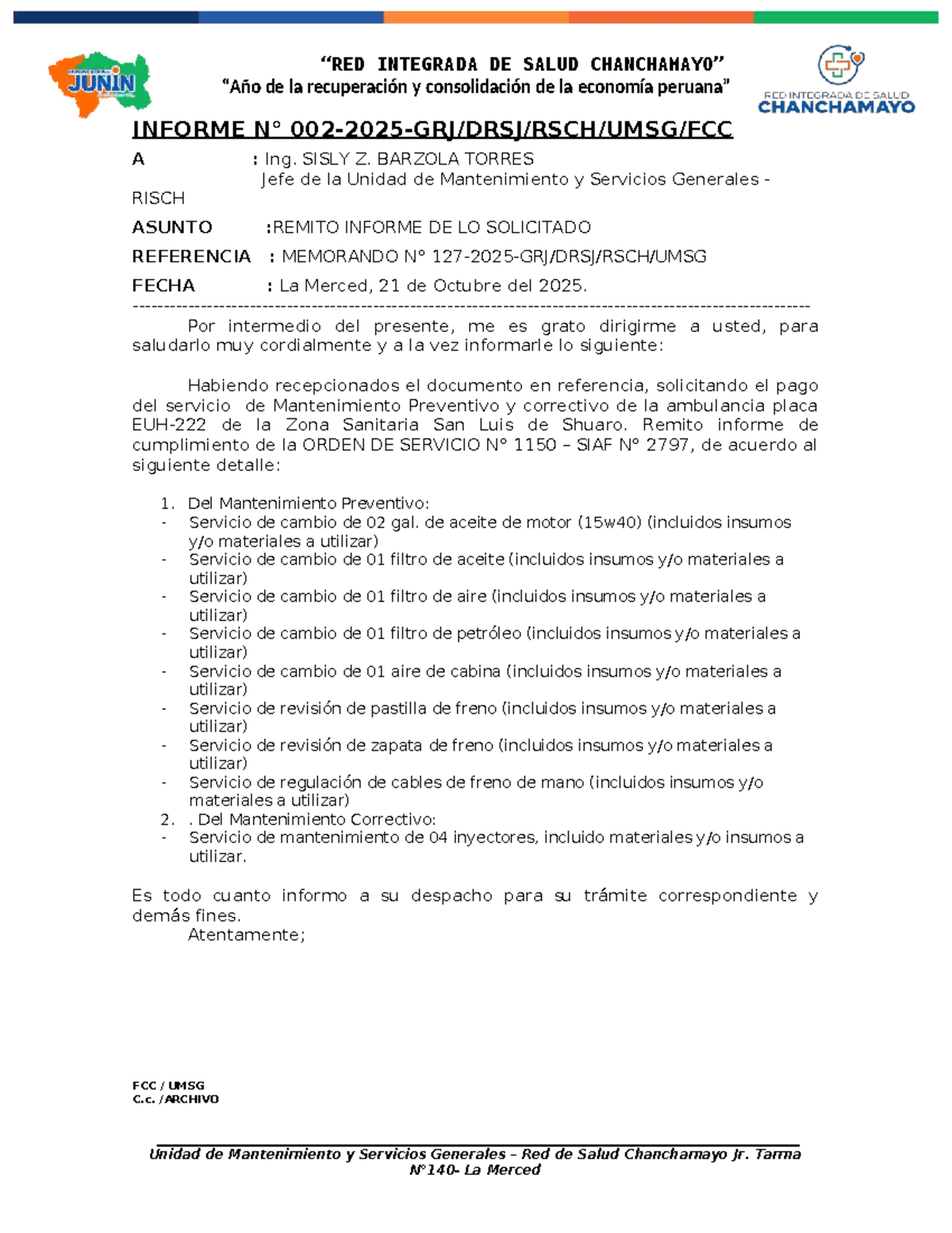 Informe Técnico de Conformidad de Servicios de Mantenimiento a Vehículos - SISLY - Document Preview