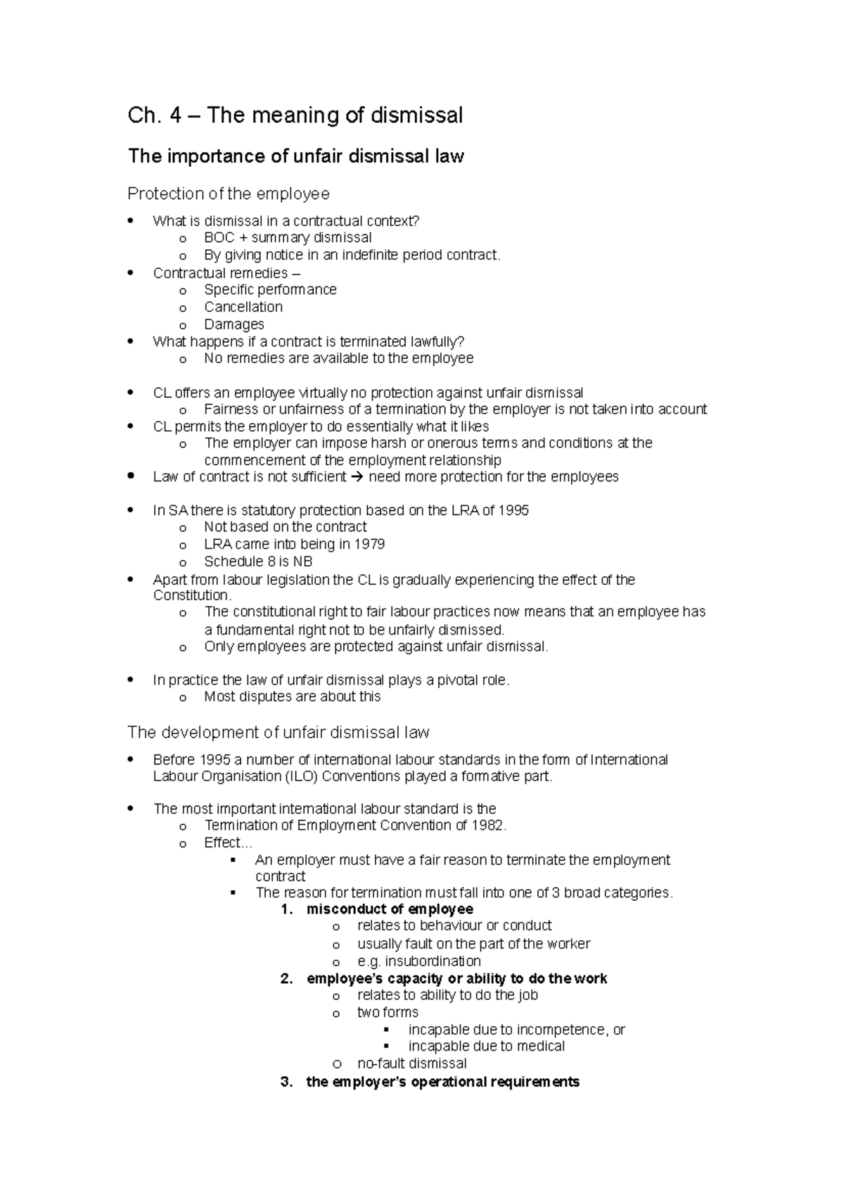 Ch. 4 - Comprehensive Notes on Dismissal & Unfair Dismissal Law - Studocu