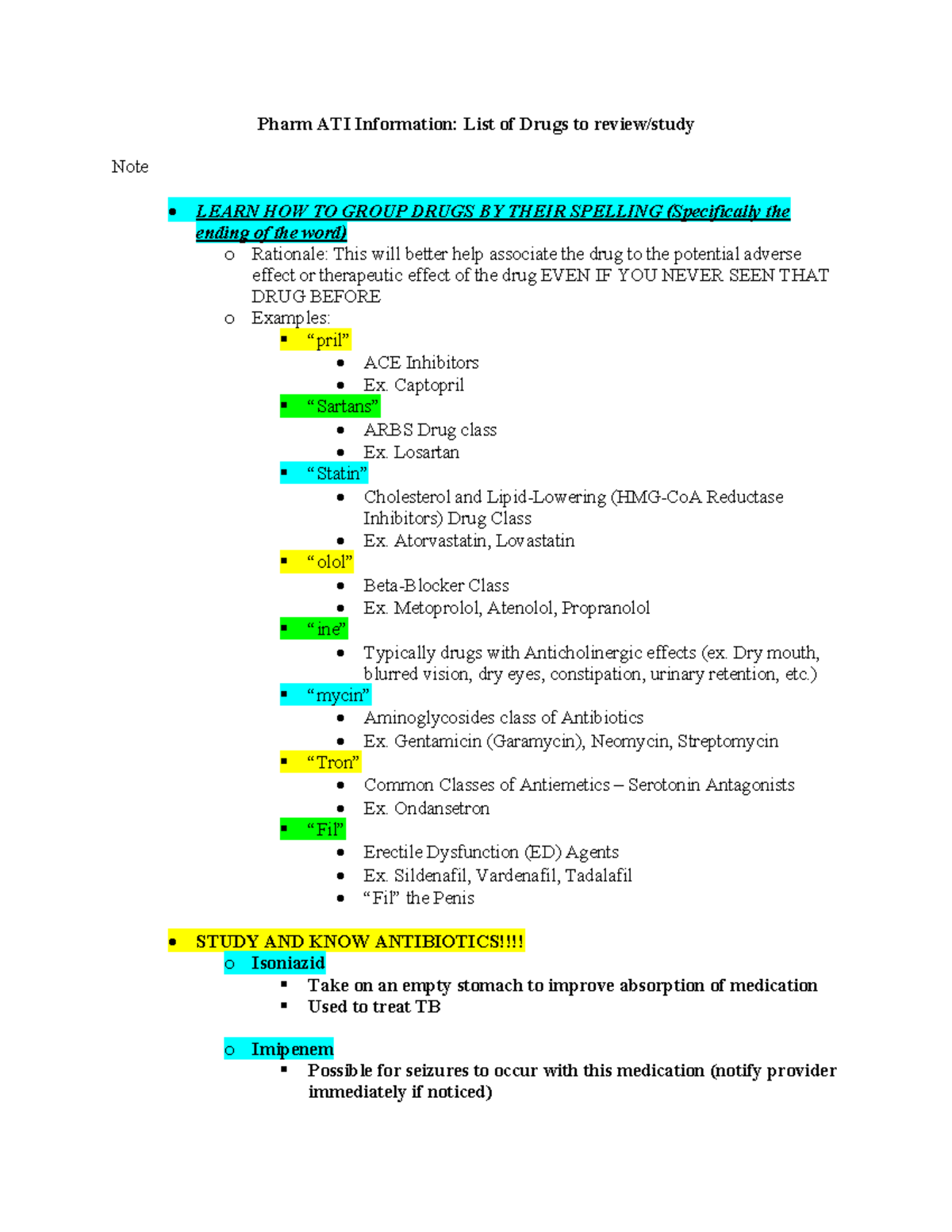 ATI Pharm Proctored Exam Study Guide Key Drug Classifications
