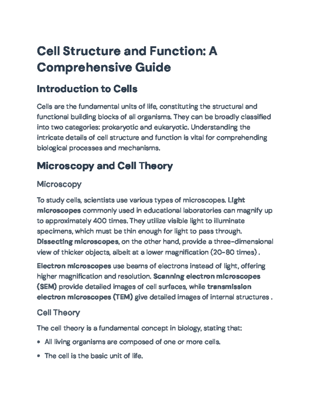 Cell Structure and Function: A Comprehensive Overview (BIO-101) - Studocu