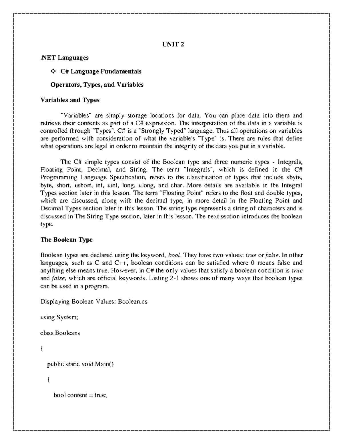 UNIT-2: Overview of .NET Platform Technology Concepts and C# Basics ...