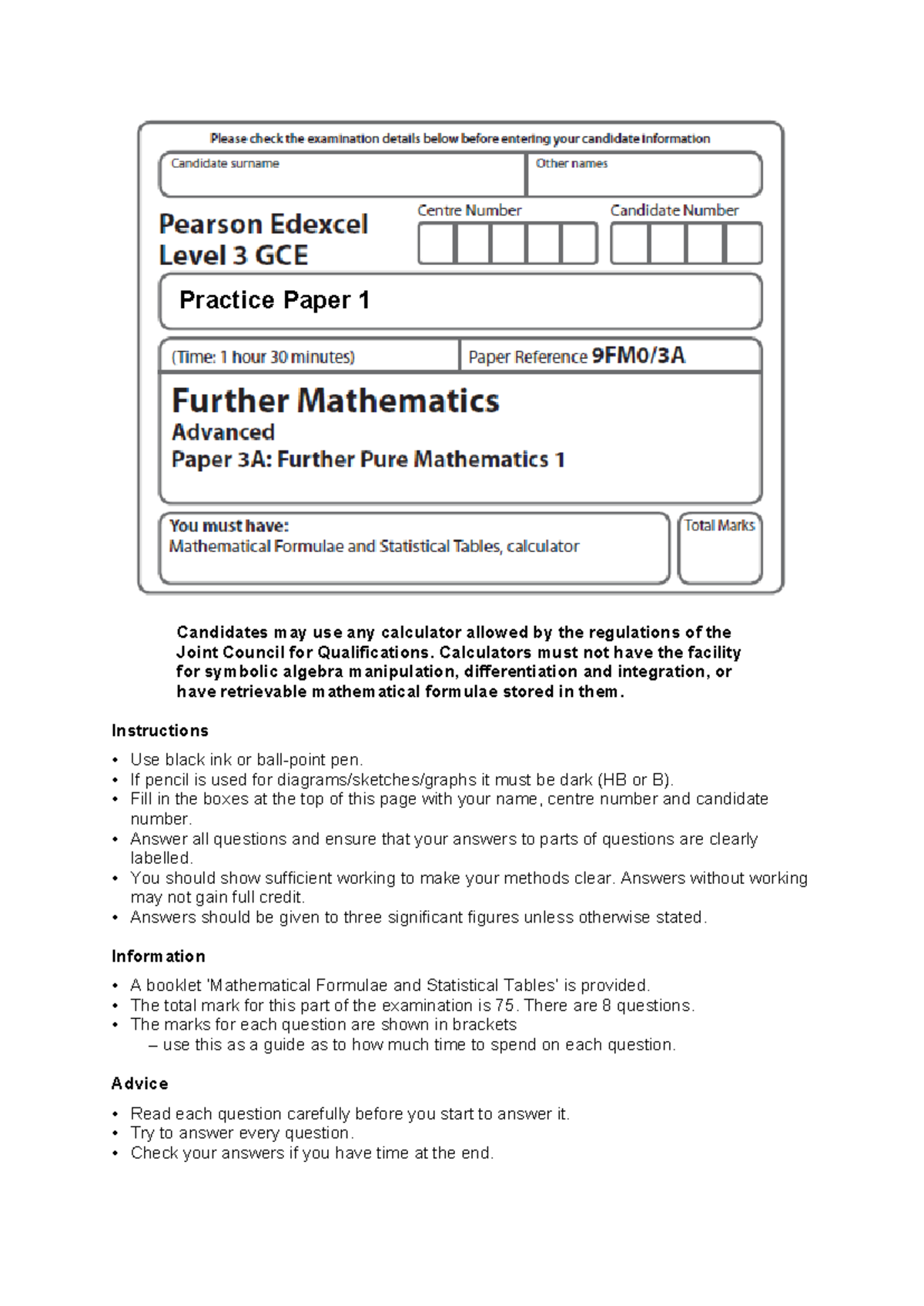 9FM0-3A AL Further Pure Mathematics 1 - Practice Paper 1 - Candidates ...