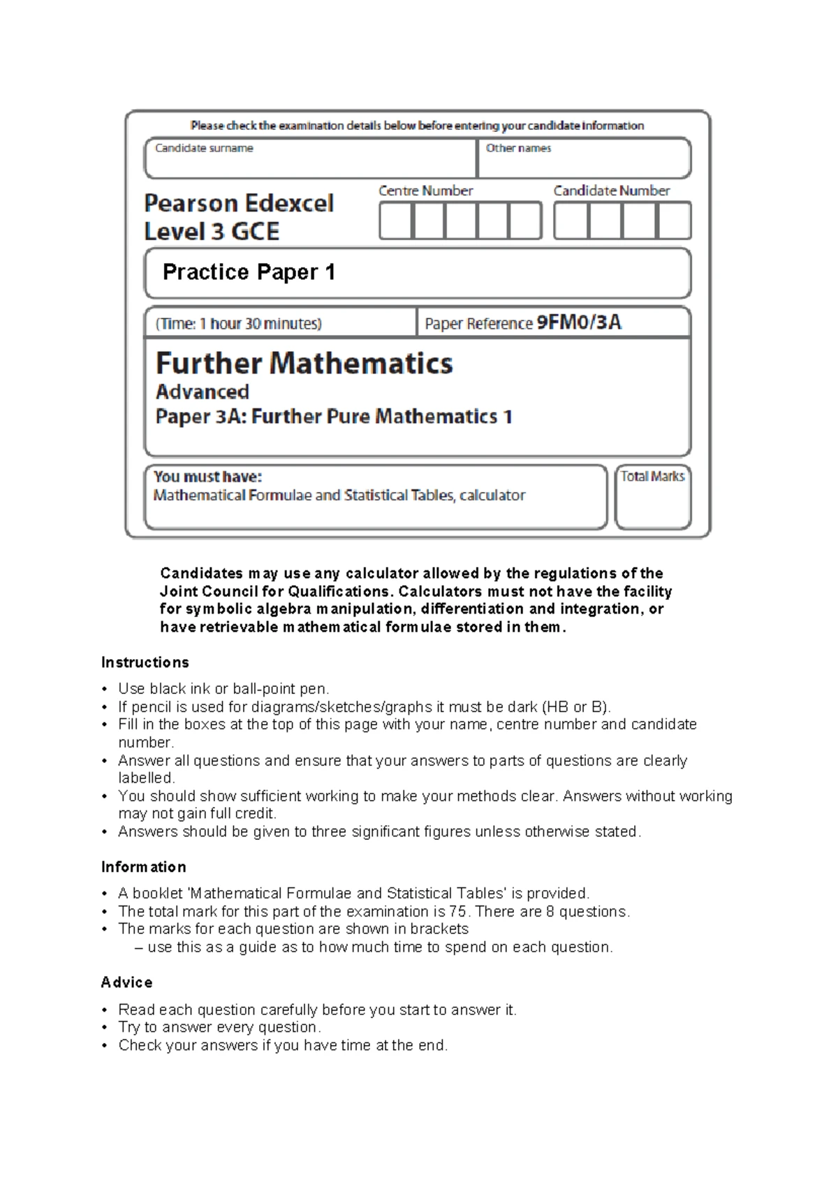 9FM0-3D AL Decision Mathematics 1 Practice Paper 1 - Exam Instructions ...