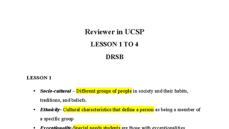 UCSP Midterm Reviewer: Lessons 1-4 on Society and Culture - Studocu