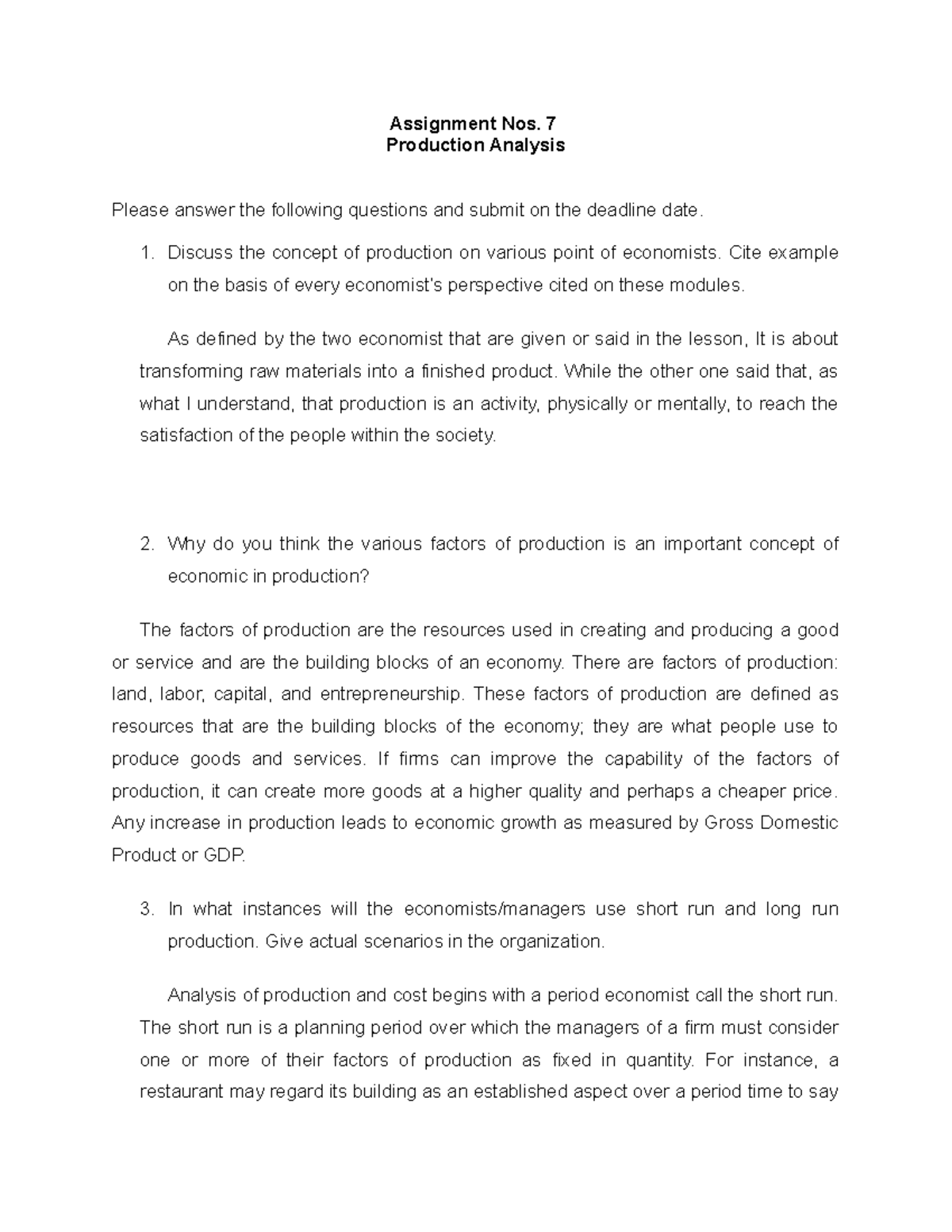 Assignment Nos. 7 Production Analysis - Assignment Nos. 7 Production ...