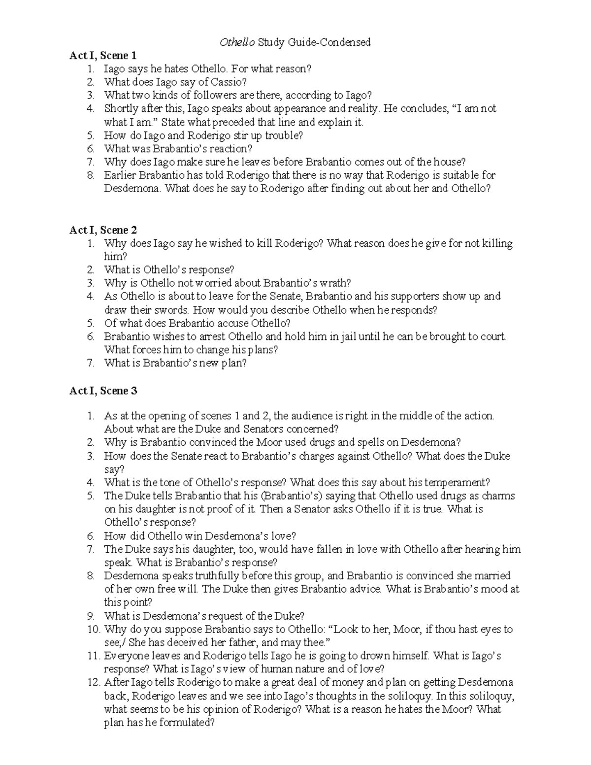 Study Guide-Full Text (Condensed) - Othello Study Guide-Condensed Act I ...