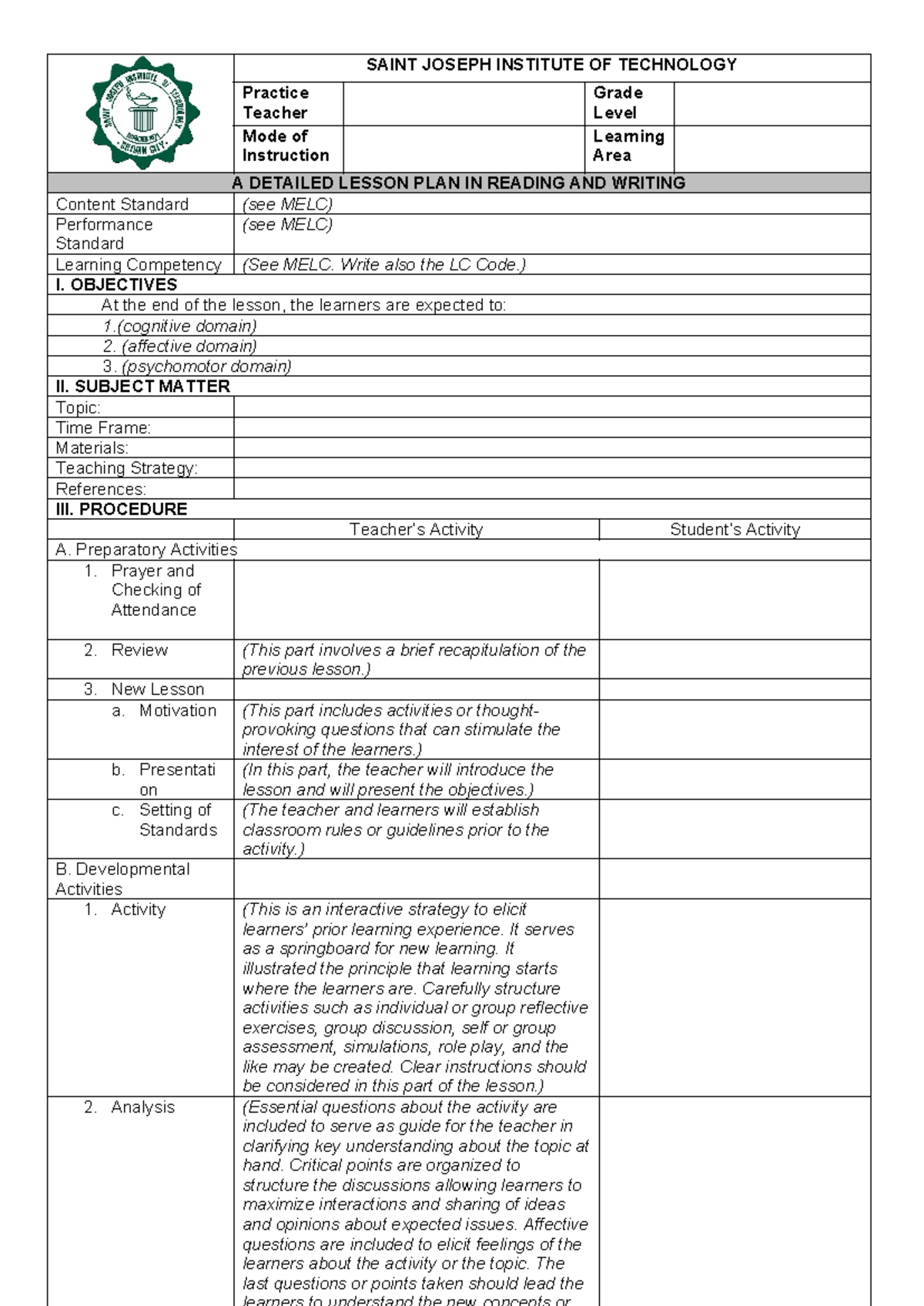 4As Lesson Plan Template for Reading & Writing (Internship) - Studocu