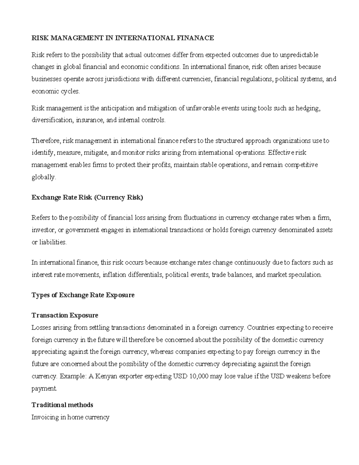RISK MANAGEMENT IN INTERNATIONAL FINANCE: Comprehensive Notes - Studocu