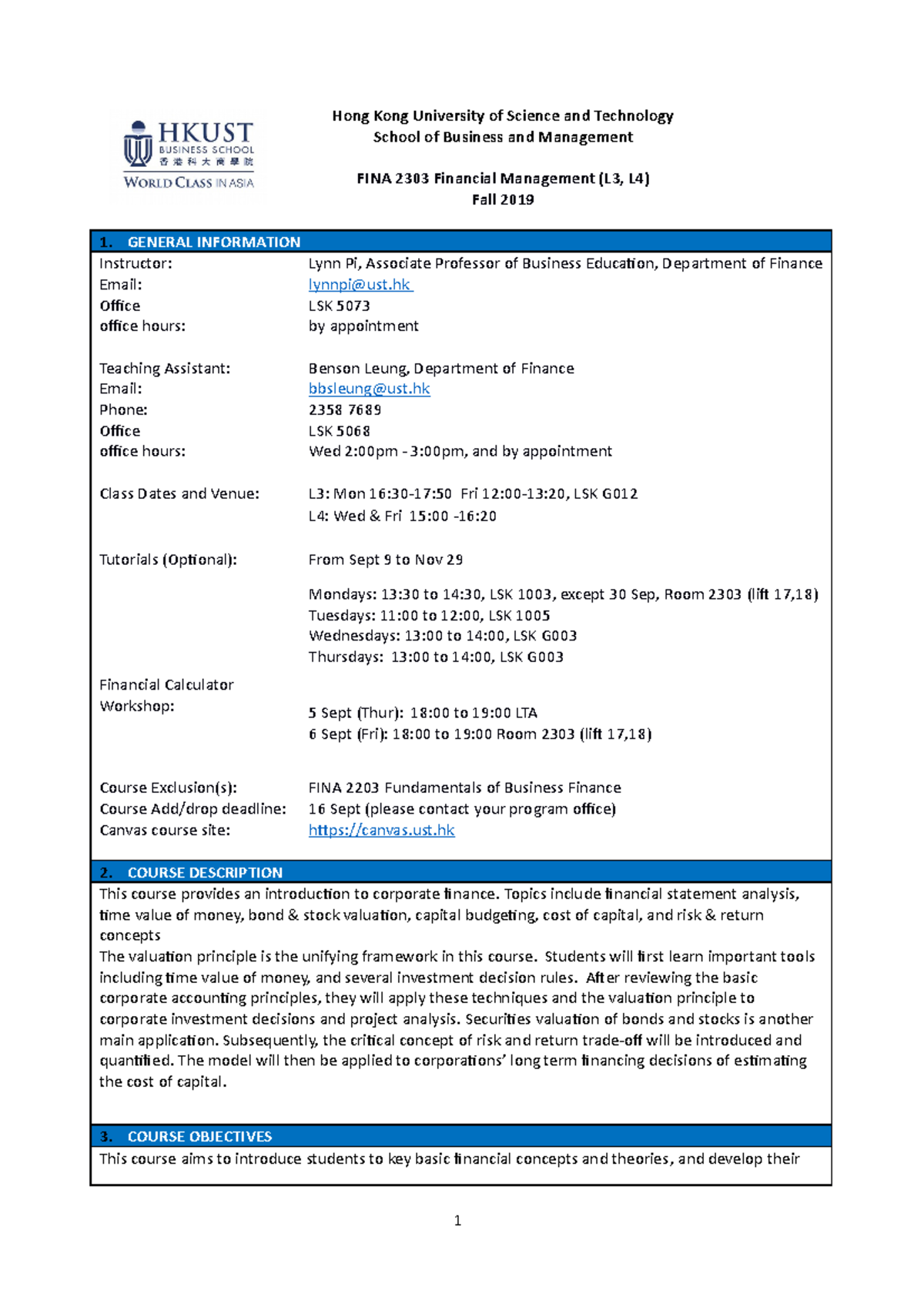 FINA 2303 Financial Management Syllabus - Fall 2019 Overview - Studocu