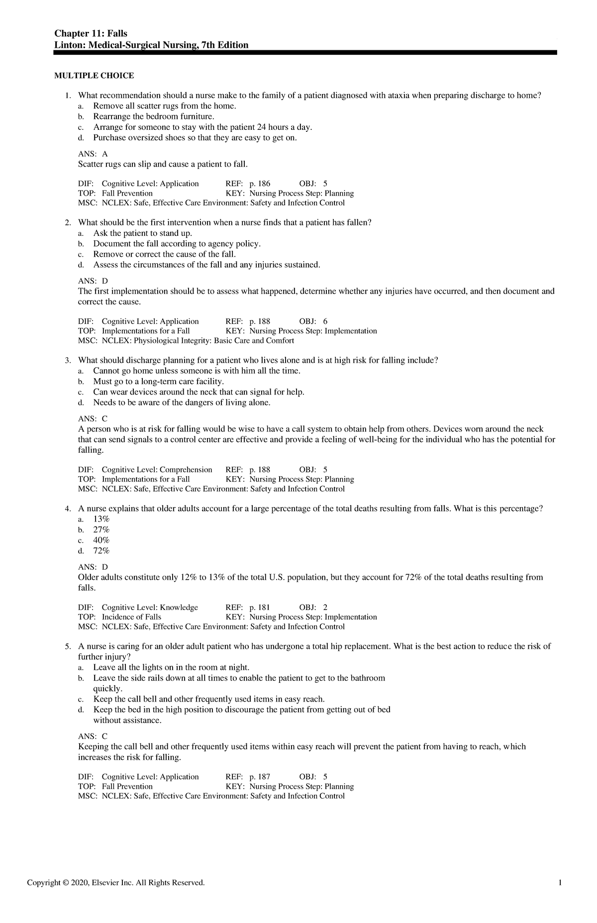 Exam View - MCQ Review for Chapter 11: Fall Prevention - Studocu