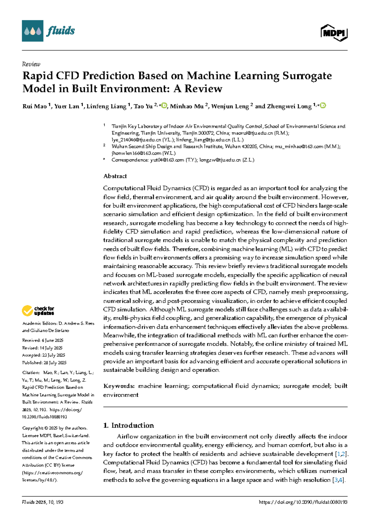 Rapid CFD Prediction Using ML Surrogate Models in Built Environment: A ...