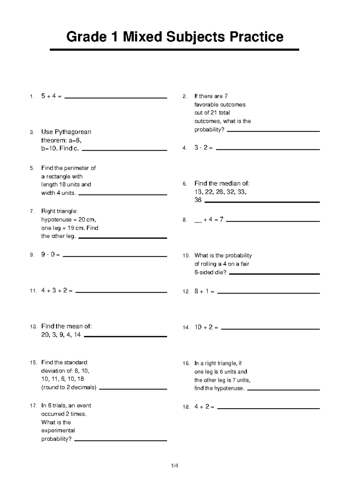 Grade 1 Mixed Subjects Practice 1-5: Math Problems & Solutions - Studocu