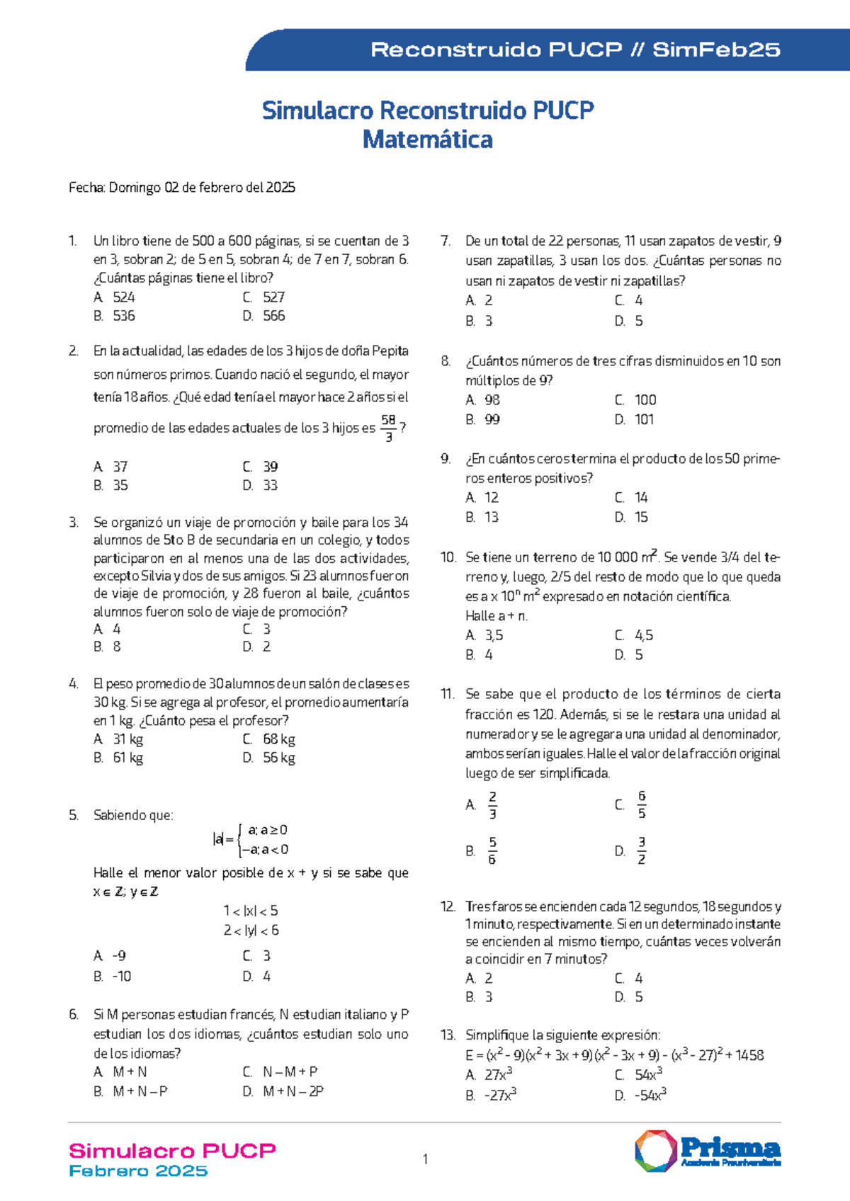 Simulacro PUCP Matemática Reconstruido Febrero 2025 - Document Preview