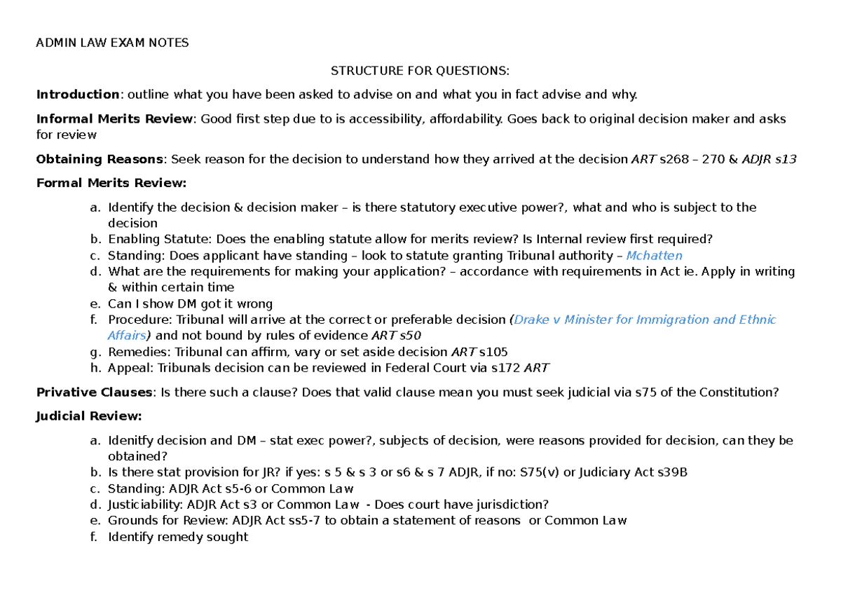 ADMIN LAW EXAM NOTES: Key Concepts and Review Structure - Studocu