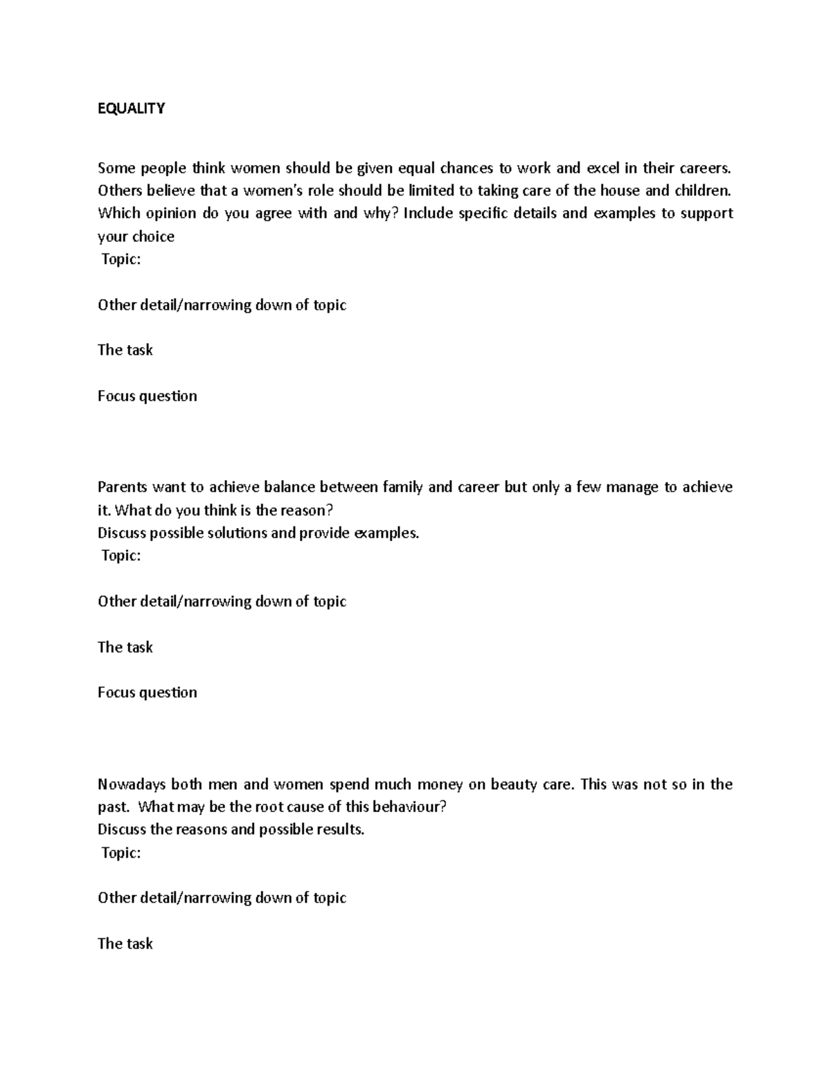 TASK 2 Writing PART 4 - Essay Topics on Gender Equality Issues - Studocu