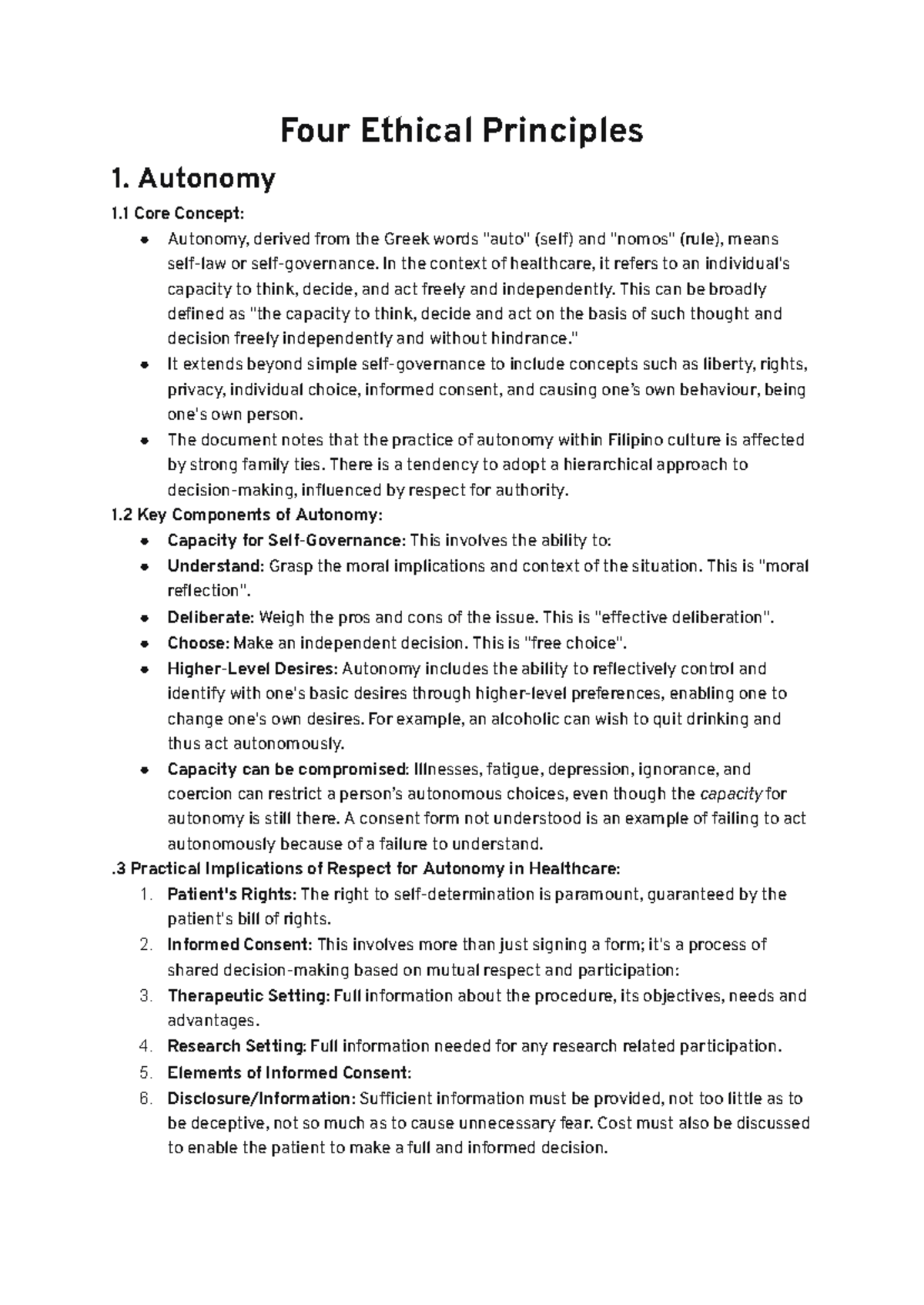 Four Ethical Principles - Autonomy 1 Core Concept: Autonomy, derived ...