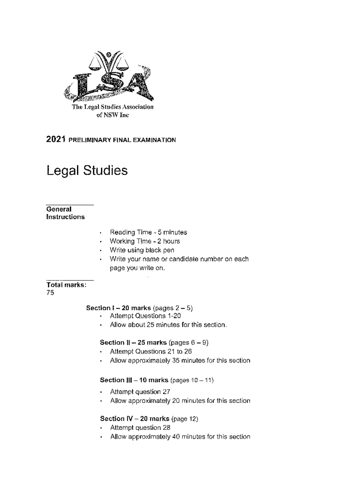 2021 LSA Preliminary Legal Studies Final Exam - Past Paper - Studocu