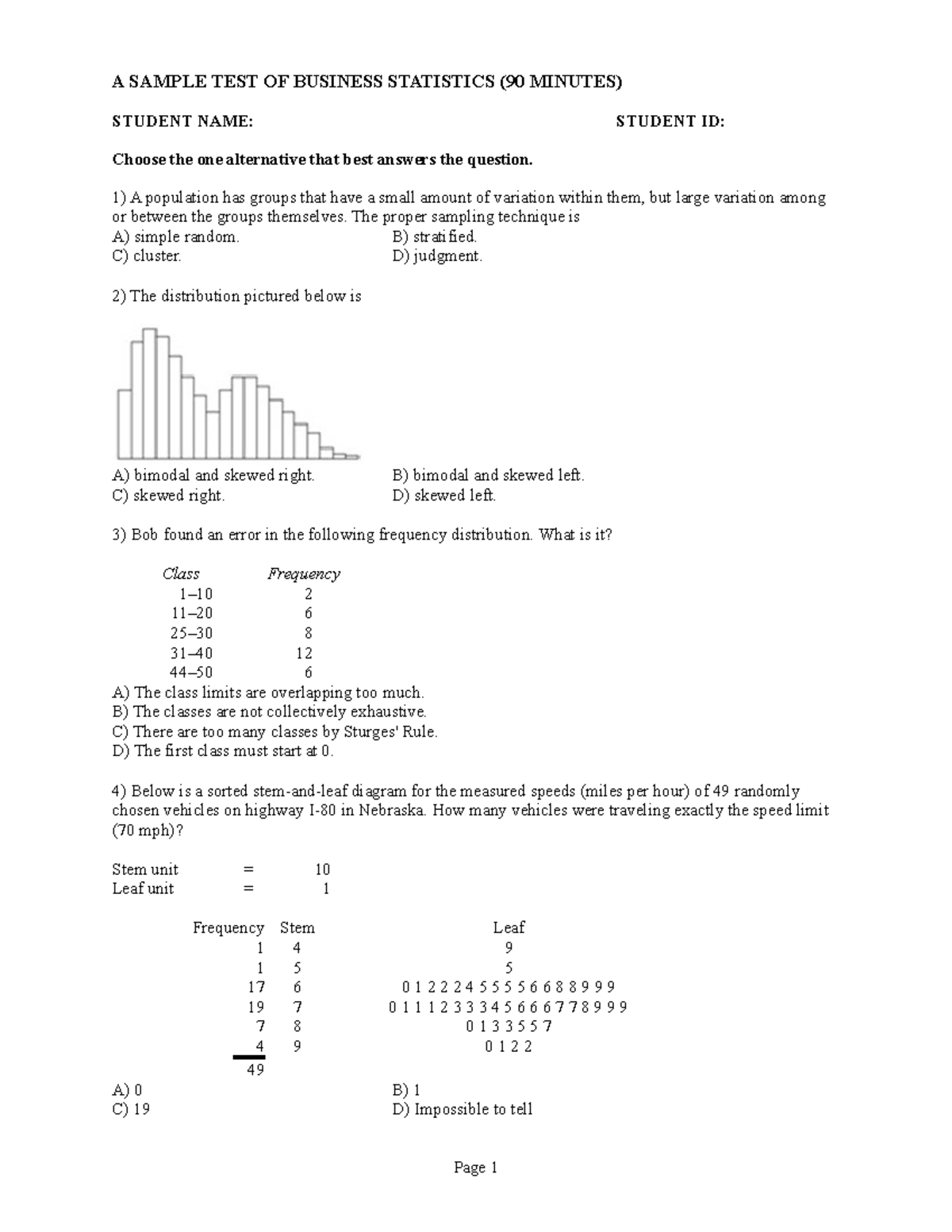 Final exam 2 - sample test - A SAMPLE TEST OF BUSINESS STATISTICS (90 ...