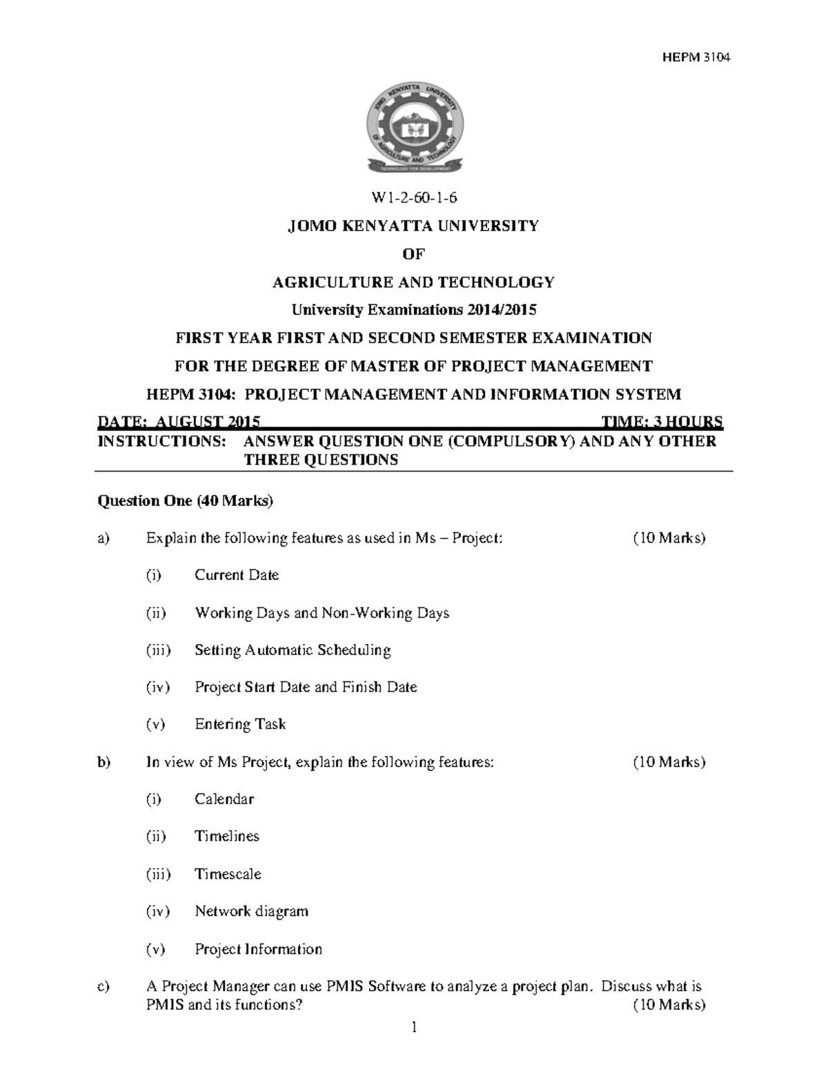 HEPM 3104: Past Exam Papers on Project Management Information Systems ...