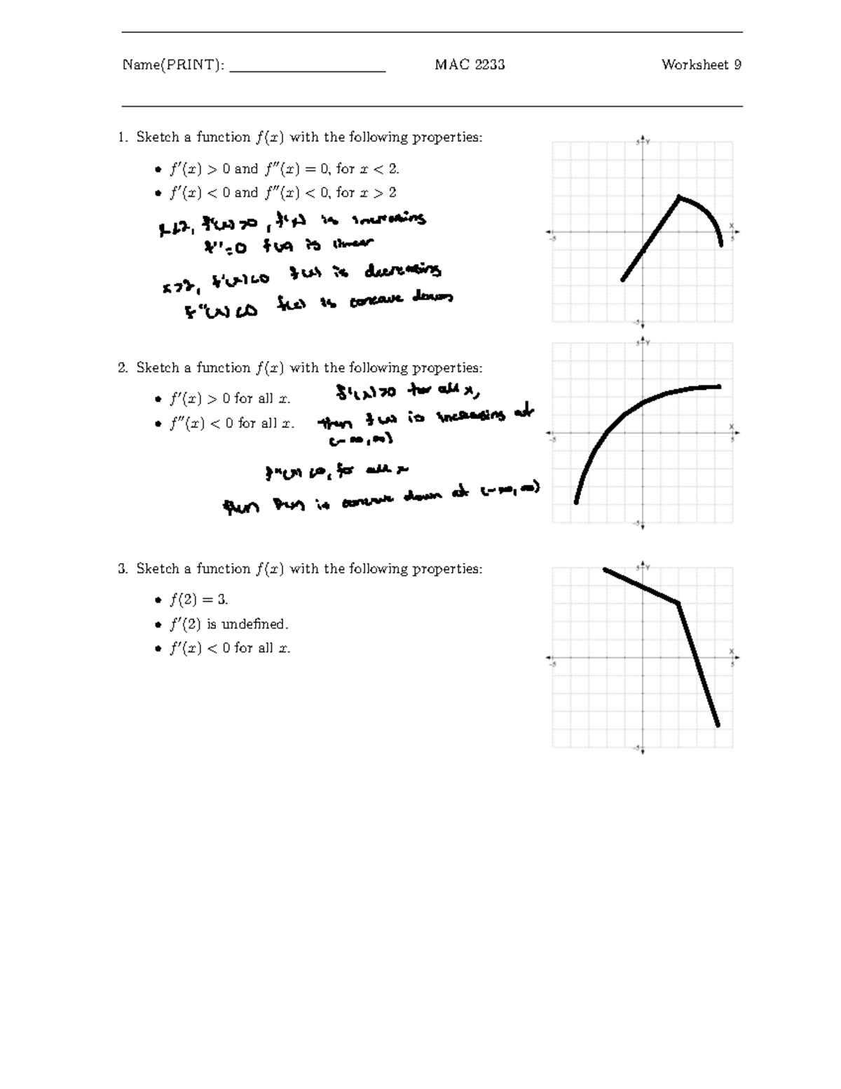MAC 2233 Functions Calculations Worksheet 10 - Sketching Properties ...