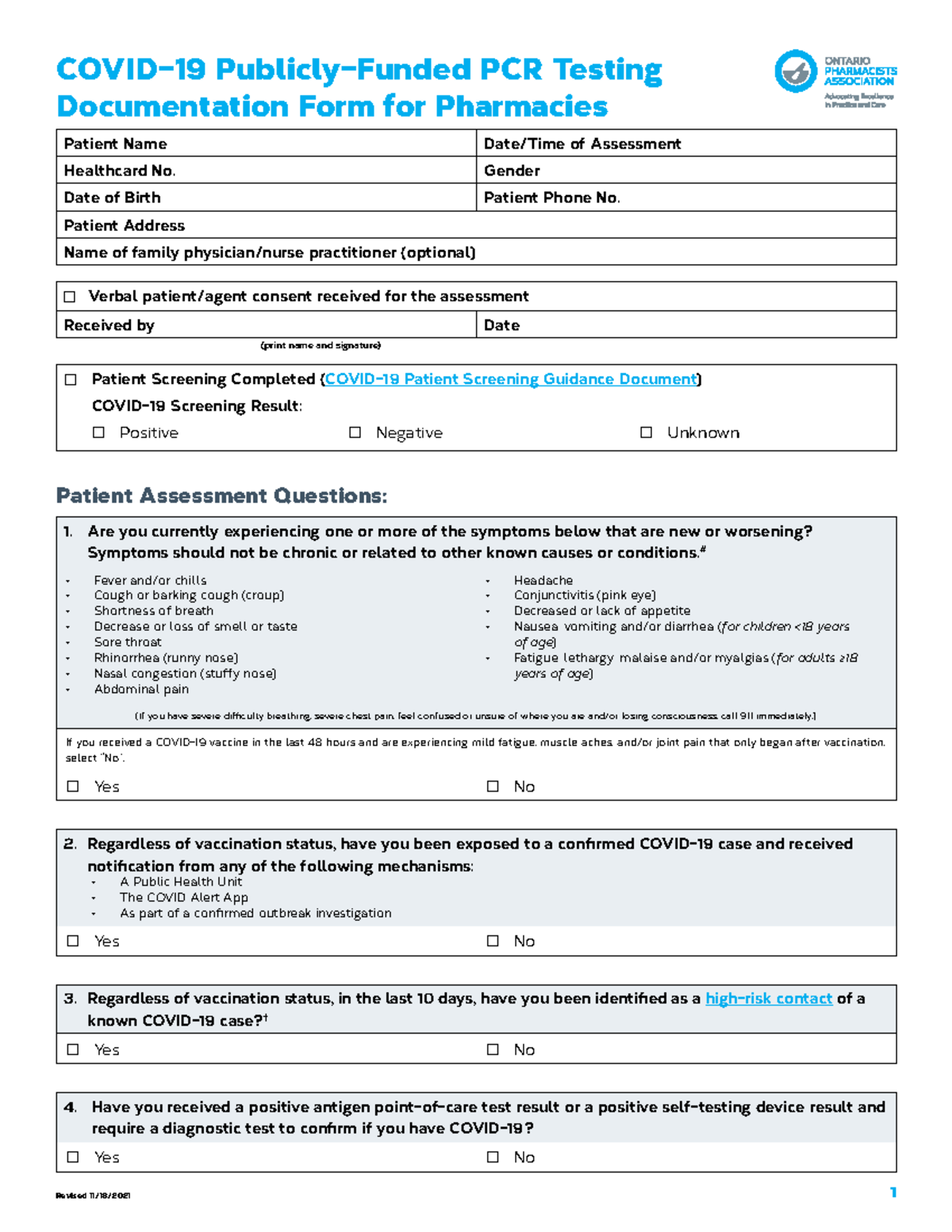 Opa documentation form - COVID-19 Publicly-Funded PCR Testing ...