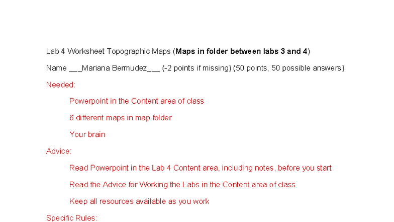 Lab 4 Worksheet: Topographic Maps (Fall 2025) - Studocu