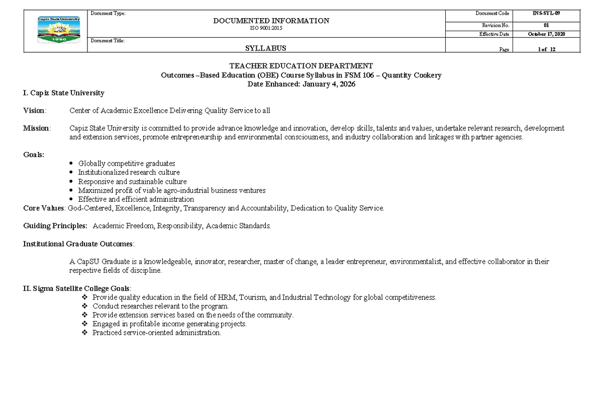 FSM 106 Quantity Cookery Course Syllabus - Capiz State University - Studocu
