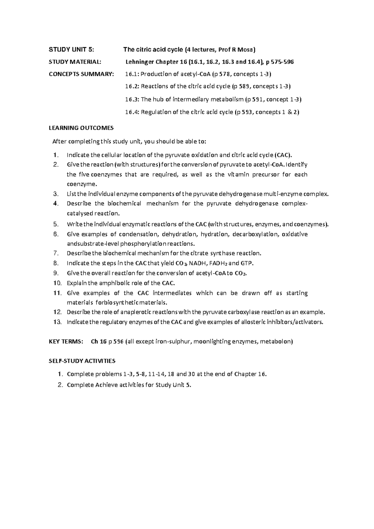 SU5: Citric Acid Cycle Overview & Learning Outcomes (2025) - Studocu