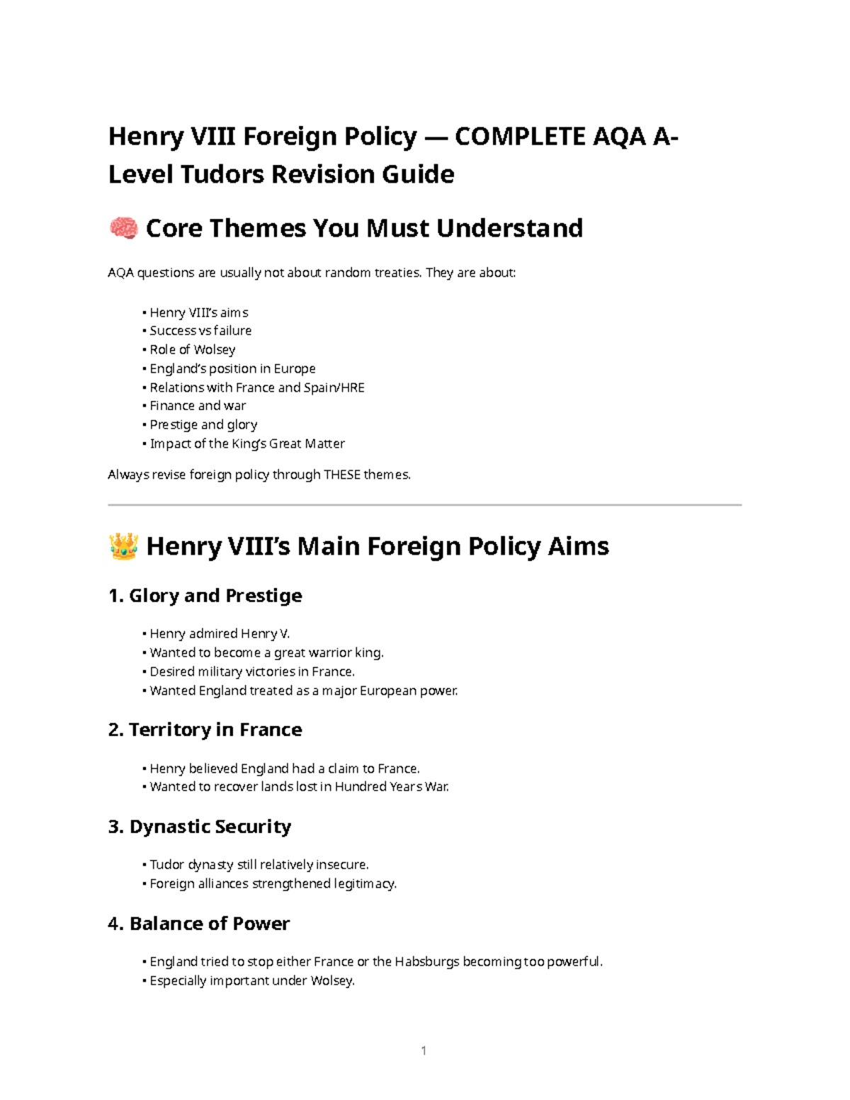 Henry VIII Foreign Policy Complete AQA A-Level Revision Guide - Studocu