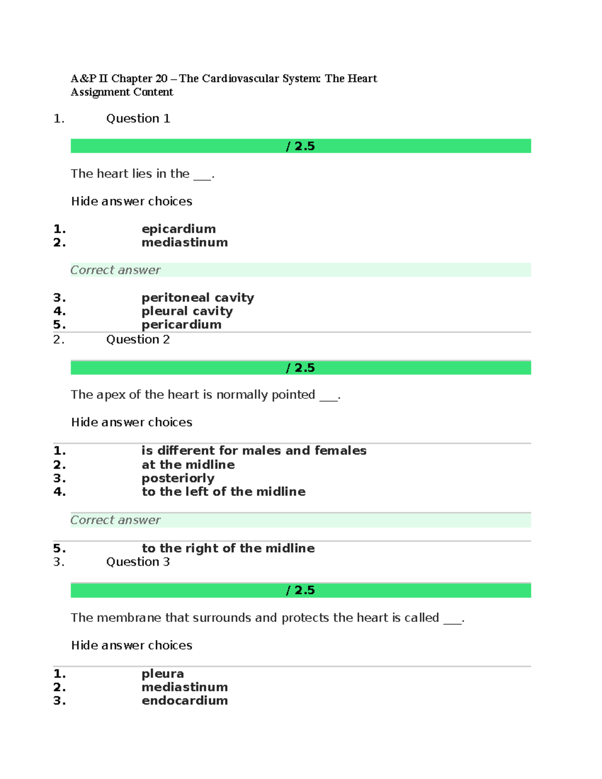 A&P II Chap 20- Heart. Anatomy and Physiology weekly cours assignment ...
