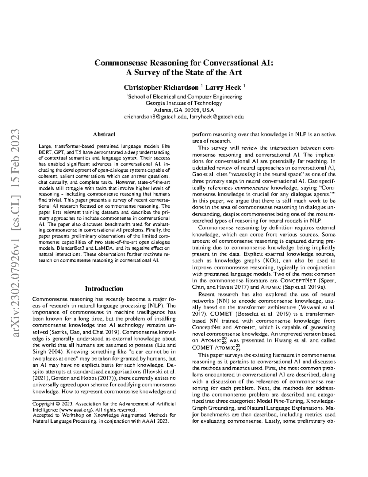 CAI1 - Survey on Commonsense Reasoning in Conversational AI - Studocu
