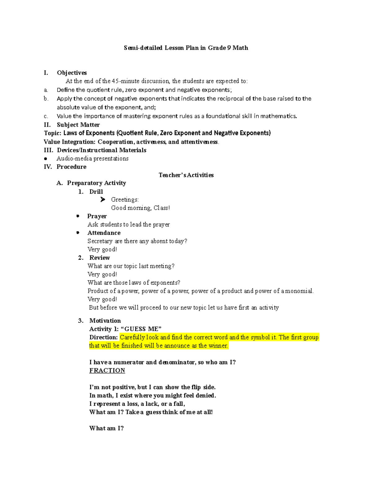 Grade 9 Math Lesson Plan: Laws of Positive Integral Exponents - Studocu