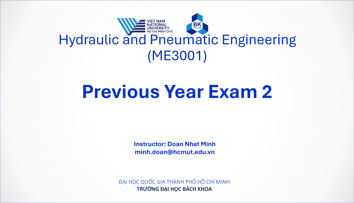 Hydraulic and Pneumatic Engineering (ME3001) Previous Year Exam 2 - Studocu