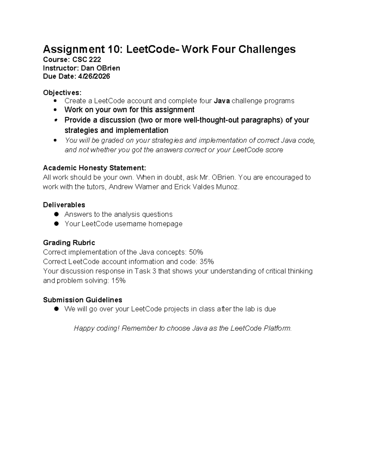 Programming Assignment 10: LeetCode Java Challenges (CSC) - Studocu