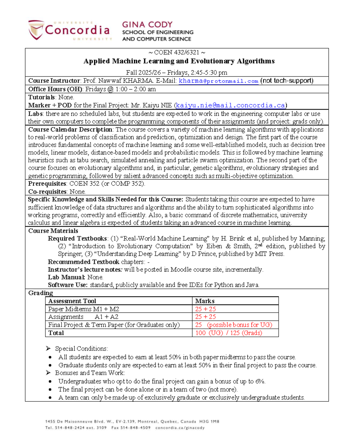 COEN 400 Applied Machine Learning & Evolutionary Algorithms Course ...