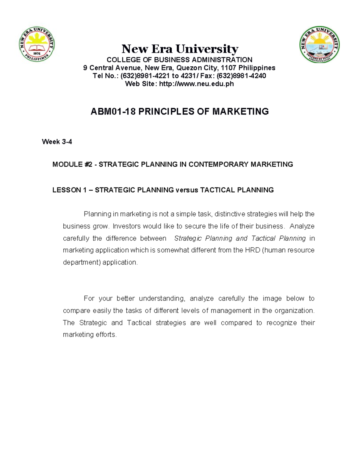 Principles of Marketing (MKT 101) - Strategic Planning Lesson 1 - Studocu