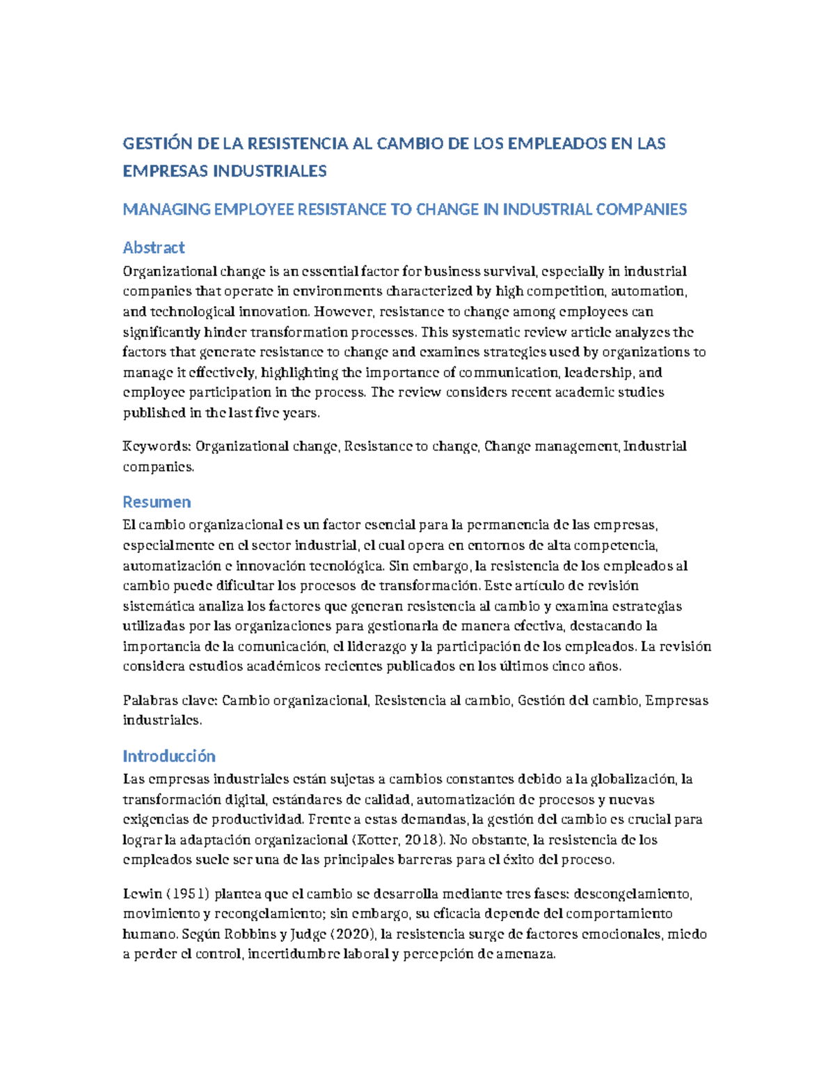 GESTIÓN DE LA RESISTENCIA AL CAMBIO EN EMPRESAS INDUSTRIALES - Studocu