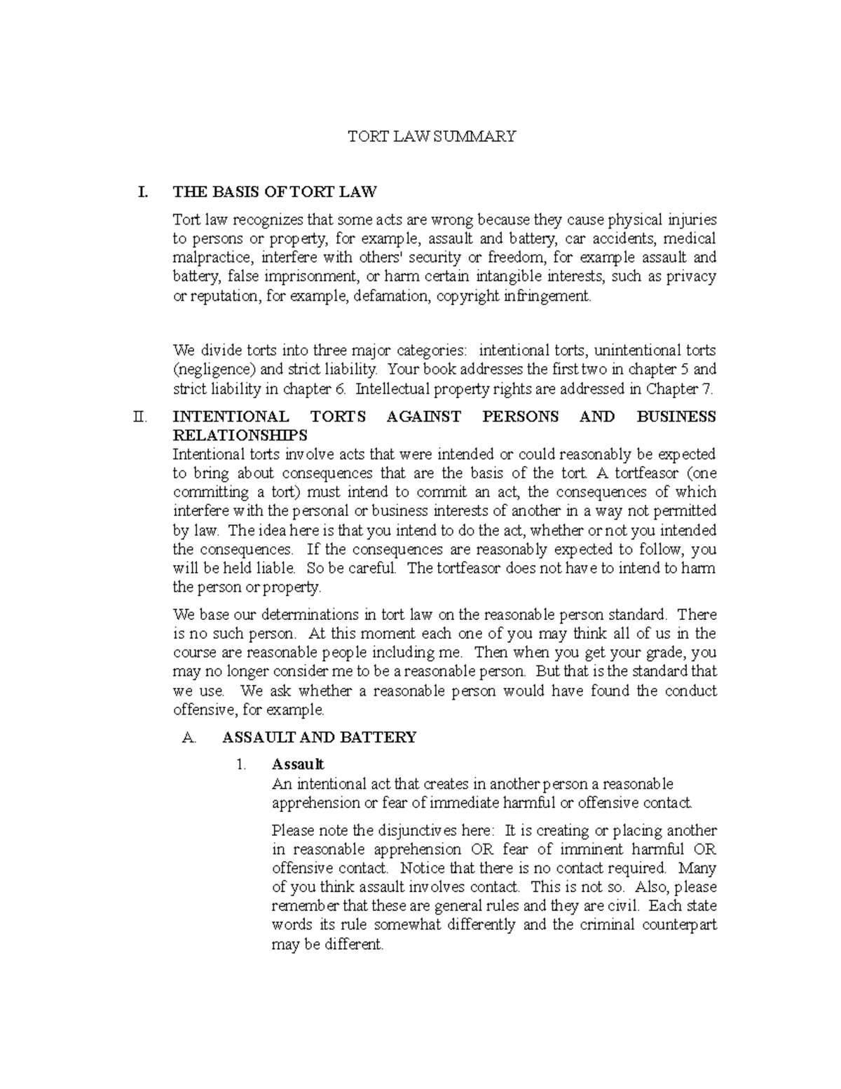 243178226 Tort Law Summary - TORT LAW SUMMARY I. THE BASIS OF TORT LAW ...