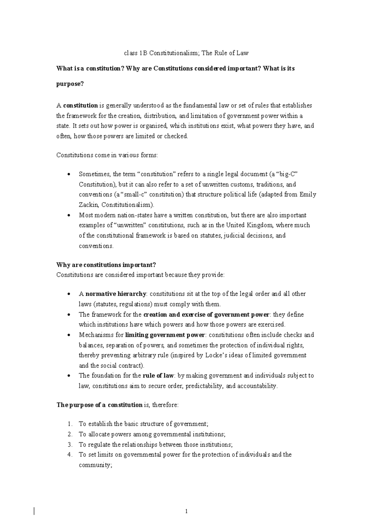 Public Law Notes: Understanding the Constitution and Rule of Law (Class ...