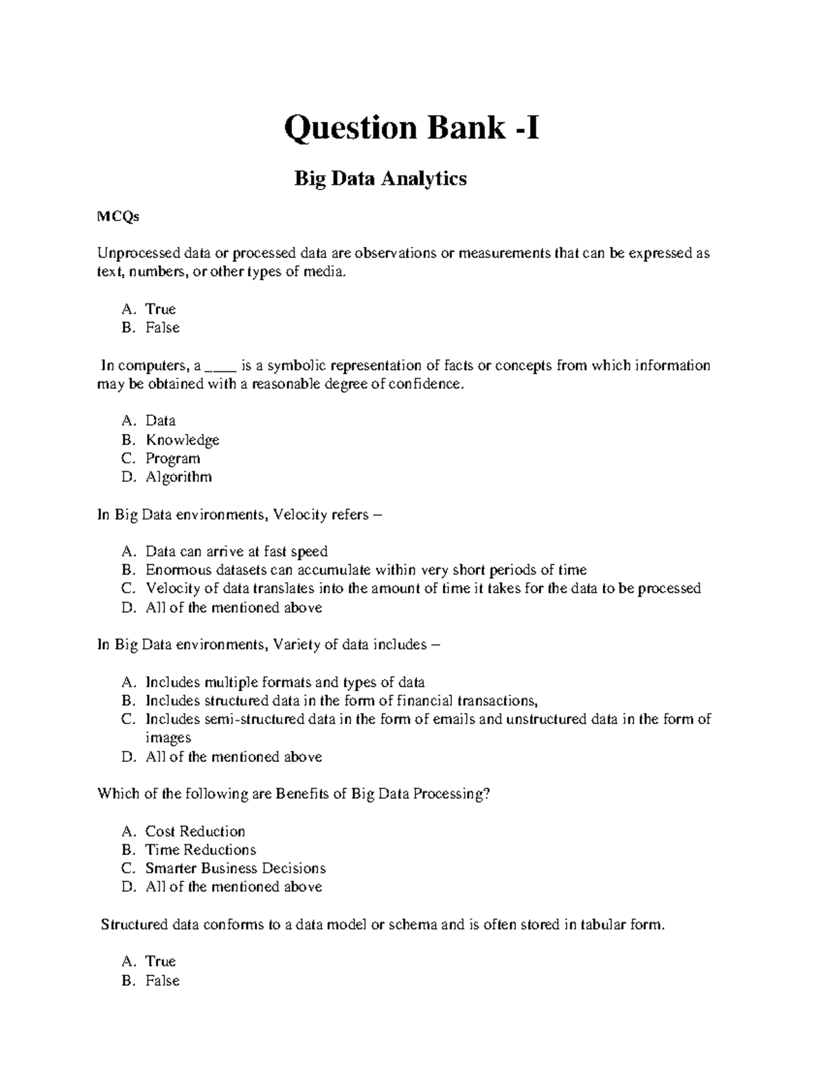 Question Bank for BDA - Big Data Analytics June 2022 MCQs & Theory ...
