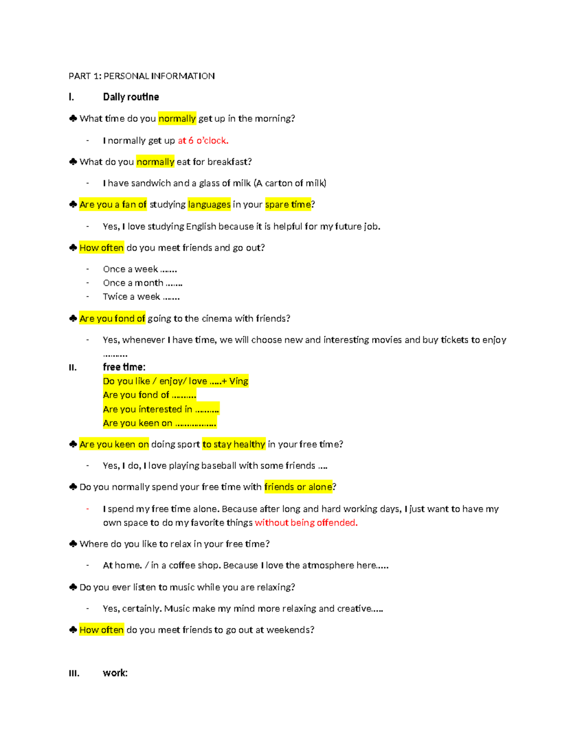 PART 1 & 3: Speaking Test with Key Answers for Part 3 - Studocu