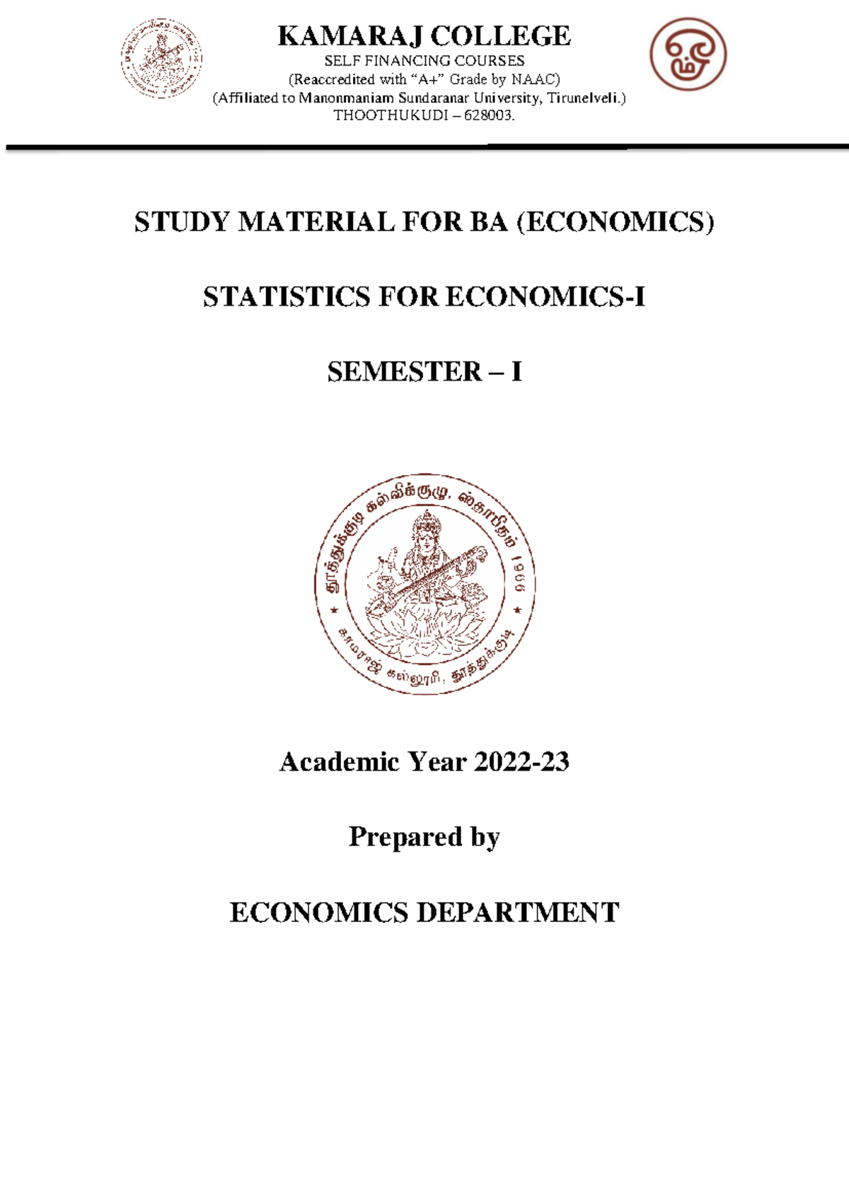 BA (Economics) Statistics Semester I Study Material - Studocu