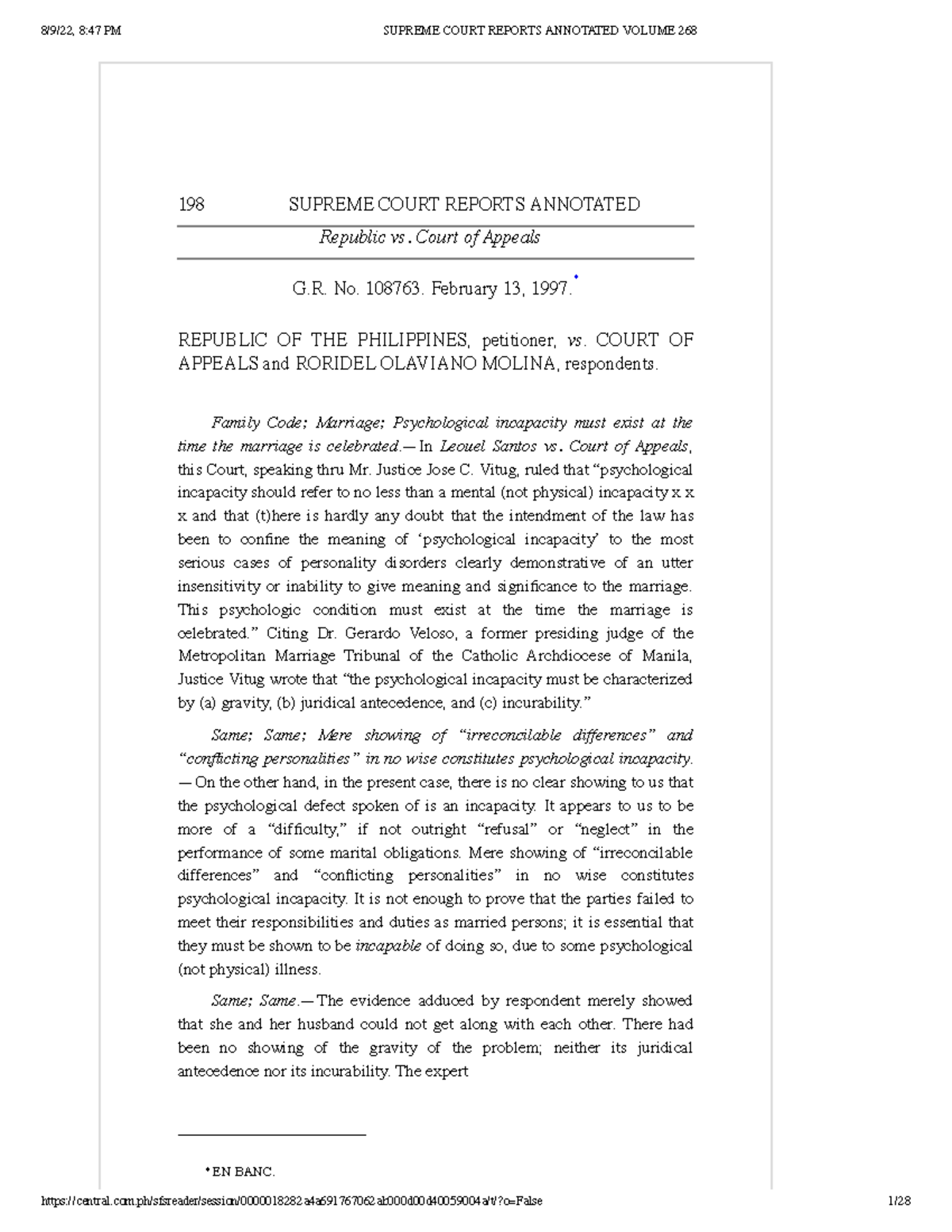 Republic vs. Court of Appeals: The Case of Psychological Incapacity ...